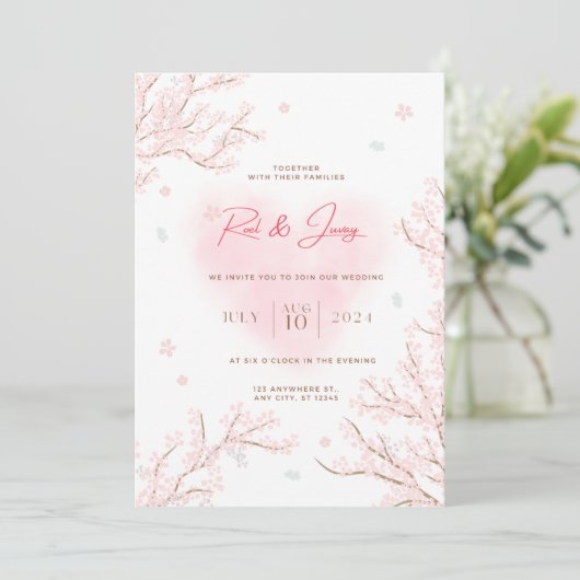 Niedliches weißes Rosa mit Sakura Branches Wedding Einladung (Stehend Vorderseite)
