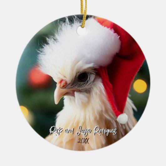 Niedliches Weißes Seidenhühnchen in der Weihnachts Keramik Ornament (Vorne)