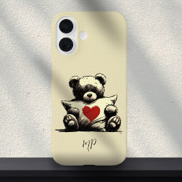 Niedliches weißes Teddybären-Hug-Kissenherz-Monogr iPhone 16 Hülle