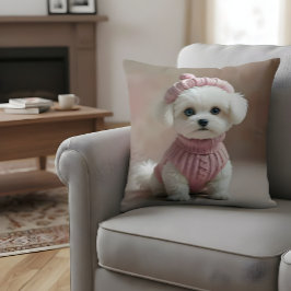 Niedliches weißes Welpe in Pink Sweater & Hat Kissen