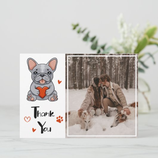 Niedliches Whimsical French Bulldog Wedding Foto Dankeskarte (Stehend Vorderseite)