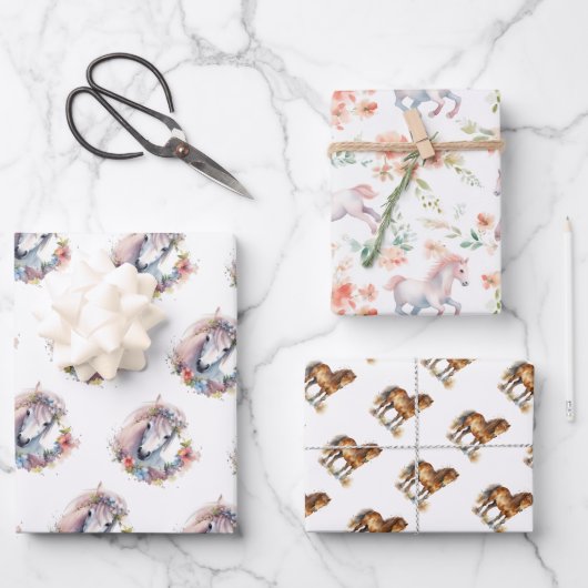 Niedliches Whimsical Horse Pony Floral Wasserfarbe Geschenkpapier Set (Vorderseite)