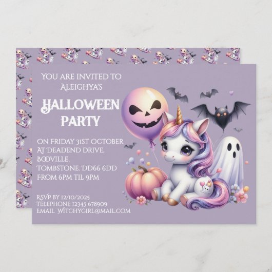 Niedliches Whimsical Unicorn-Halloween-Party Einladung (Vorne/Hinten)