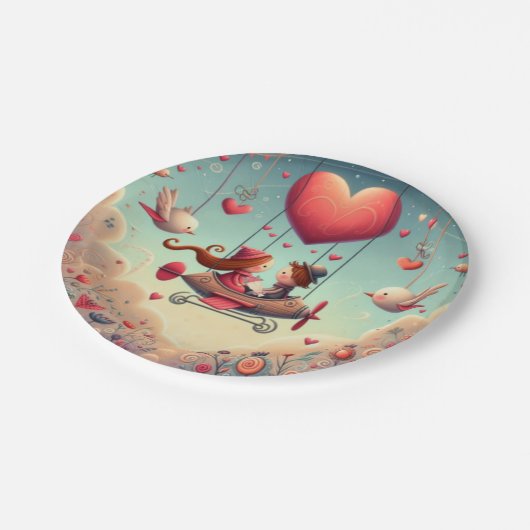 Niedliches whimsical Valentin's Day Herz Flugzeug Pappteller (Schrägansicht)