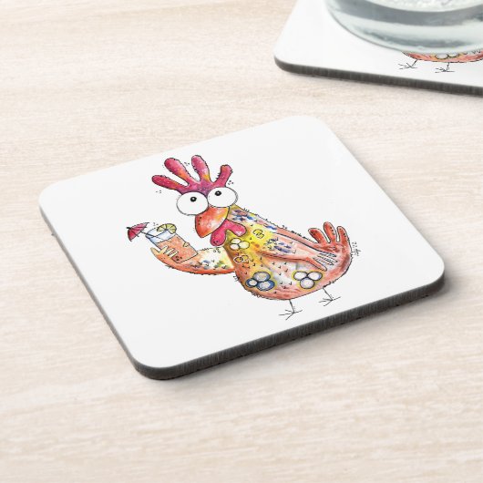 Niedliches Whimsikhühnchen mit Tropengetränk Getränkeuntersetzer (Linke Seite)