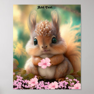 Niedliches Whimsisches Eichhörnchen Pink-Blume Poster