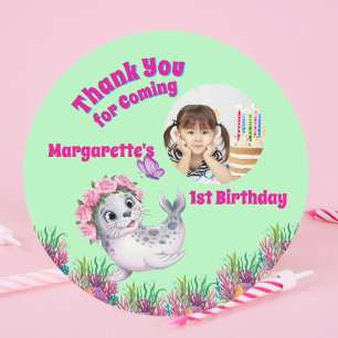 Niedliches Whimsisches Floral Sea Lion Girly Foto Runder Aufkleber