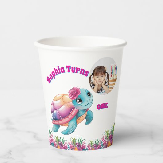 Niedliches Whimsisches Foto Floral Sea Turtle Gebu Pappbecher (Vorderseite)