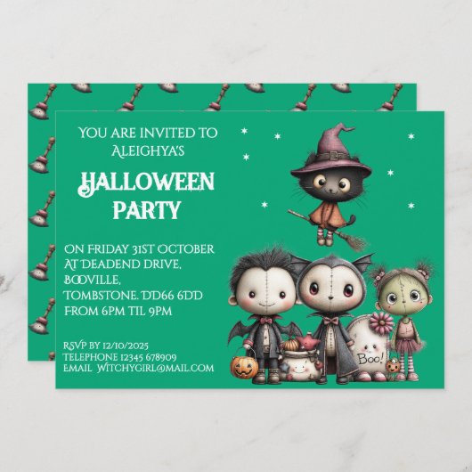 Niedliches Whimsisches Halloween-Party Einladung (Vorne/Hinten)