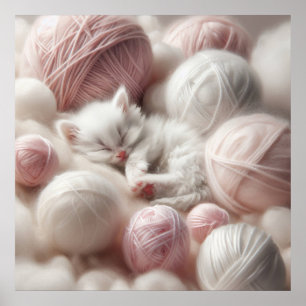 Niedliches White Kitten Napping im Garn Poster