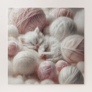 Niedliches White Kitten Napping im Garn Puzzle
