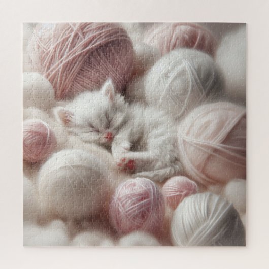 Niedliches White Kitten Napping im Garn Puzzle (Vertikal)