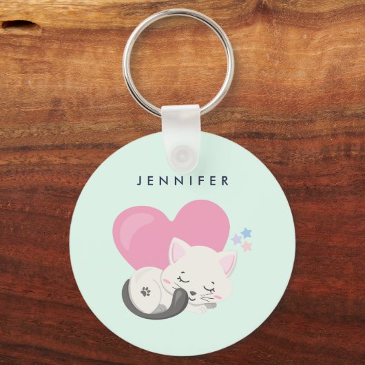 Niedliches White Kitty Cat Schlafen Schlüsselanhänger (Vorderseite)