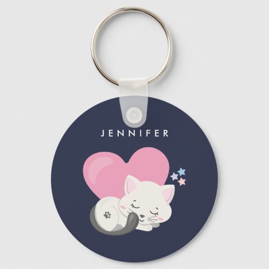 Niedliches White Kitty Cat Schlafen Schlüsselanhänger (Vorderseite)