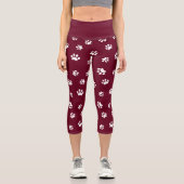 Niedliches White Paw Prints Muster Burgundy Capri Leggings (Vorderseite)