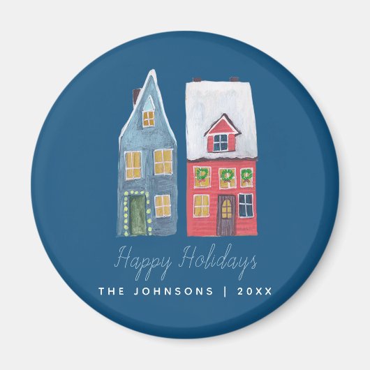 Niedliches Winter House Village Blue Christmas Magnet (Vorne)