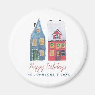 Niedliches Winter House Village Blue Red Christmas Magnet