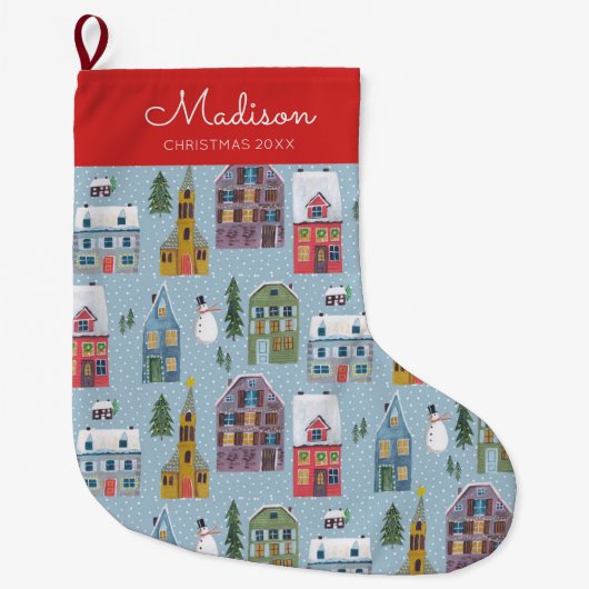 Niedliches Winter House Village Szene Weihnachtsmu Großer Weihnachtsstrumpf (Vorderseite)