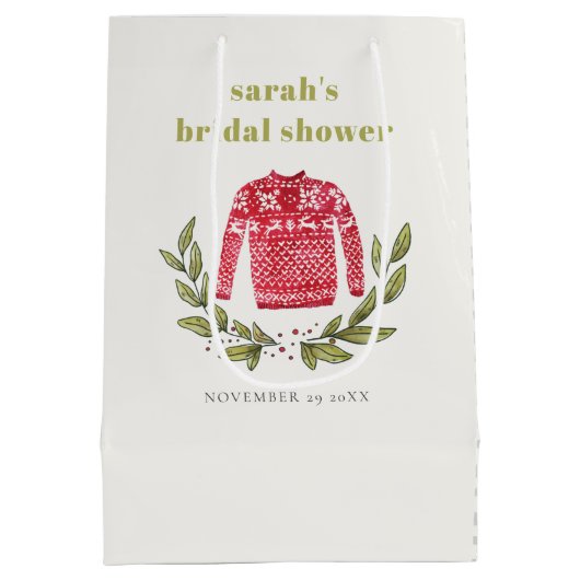 Niedliches Winter Red Green Ugly Sweater Brautpart Mittlere Geschenktüte (Rückseite)