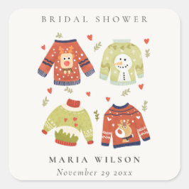 Niedliches Winterherz Blätter Ugly Sweater Brautpa Quadratischer Aufkleber