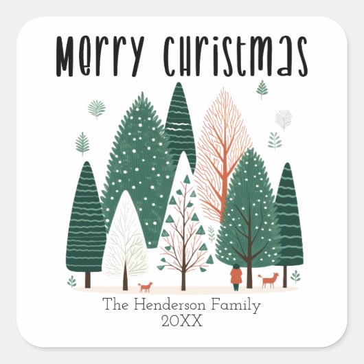 Niedliches Winterwaldland Pine Tree Weihnachten Quadratischer Aufkleber (Vorderseite)