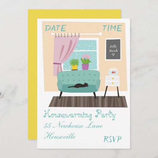 Niedliches Wohnzimmerillustration Housewarming Einladung (Vorne/Hinten)
