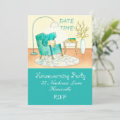 Niedliches Wohnzimmerillustration Housewarming Einladung (Stehend Vorderseite)