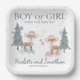 Niedliches Woodland Deer Winter Baby Gender-Berich Pappteller