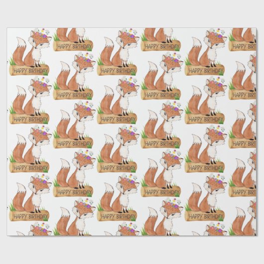 Niedliches Woodland Fox Happy Birthday Pattern Geschenkpapier (Flach)