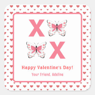 Niedliches XOXO mit rosafarbenen Schmetterlingen V Quadratischer Aufkleber
