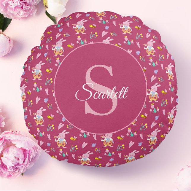 Niedliches Zaubergartenmuster Monogram Name Rundes Kissen (Von Creator hochgeladen)