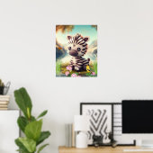 Niedliches Zebra in der Nähe eines Sees mit Blume Poster (Heimbüro)