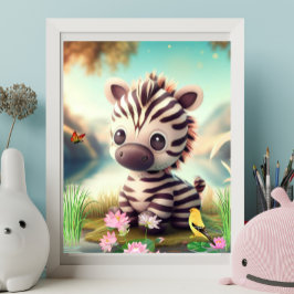 Niedliches Zebra in der Nähe eines Sees mit Blume Poster