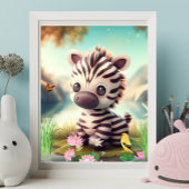 Niedliches Zebra in der Nähe eines Sees mit Blume  Poster