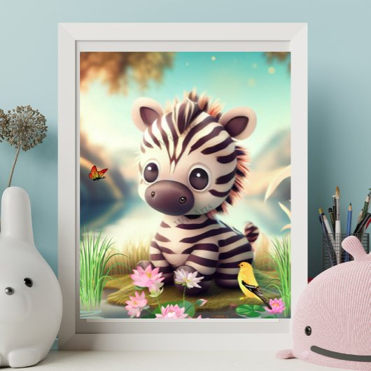 Niedliches Zebra in der Nähe eines Sees mit Blume Poster