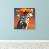 Niedliches Zebra mit orangefarbenen Blume Leinwanddruck (Insitu (Holzboden))