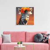Niedliches Zebra mit orangefarbenen Blume Leinwanddruck (Insitu (Wohnzimmer))