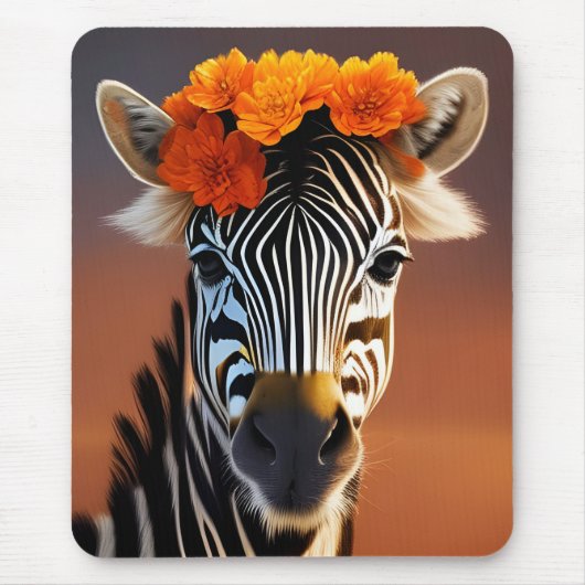 Niedliches Zebra mit orangefarbenen Blume Mousepad (Vorne)
