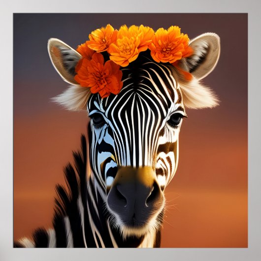 Niedliches Zebra mit orangefarbenen Blume Poster (Vorne)