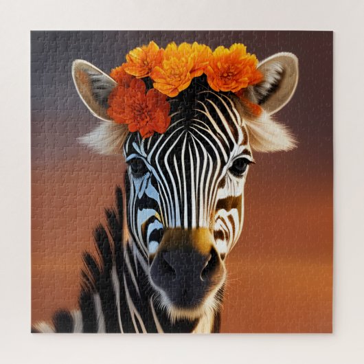 Niedliches Zebra mit orangefarbenen Blume Puzzle (Vertikal)