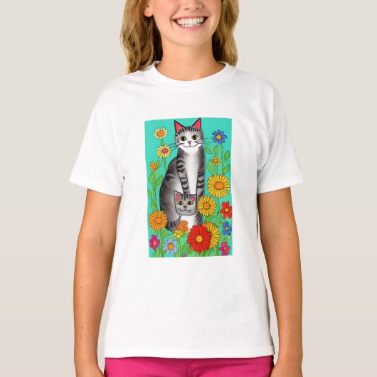 Niedliches Zitat von Whimsical Folk Art Cat and Ki T-Shirt (Vorderseite)
