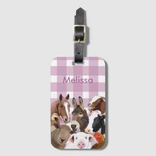 Niedliches Zuchttierportrait Gingham Karo - Lila Gepäckanhänger