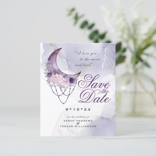 Niedriger Haushalt Save the Date Lila Halbmond (Stehend Vorderseite)