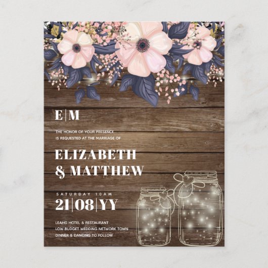 Niedrigste Budget Hochzeiten FLYER Pink Blue Flora (Vorne)
