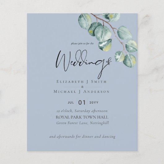 NIEDRIGSTE PREISE Eukalyptus Dusty Blue Wedding Flyer (Vorne)