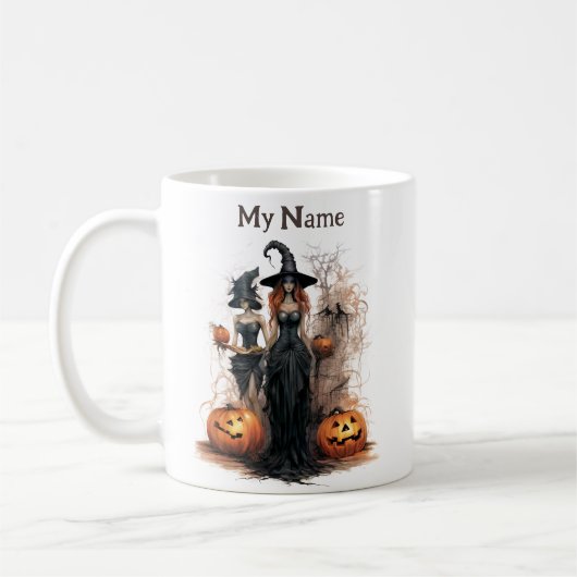 Niemals allein: Halloween-Hexe, maßgeschneiderter Kaffeetasse (Links)