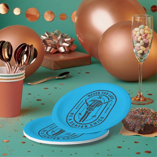 Niemals zu spät Skeleton Surfer Chick Ocean Vibes Pappteller