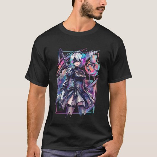 NieR Automata 2B Vaporwave-Ästhetik Neon Synthwave T-Shirt (Vorderseite)