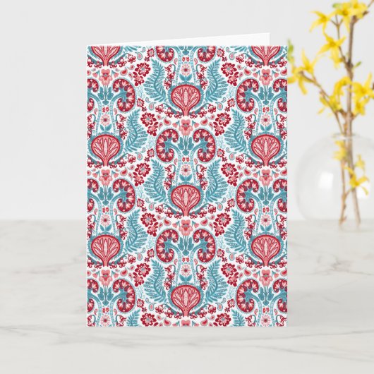 NierenDamast rot/Aquamarin Karte (Gelbe Blume)