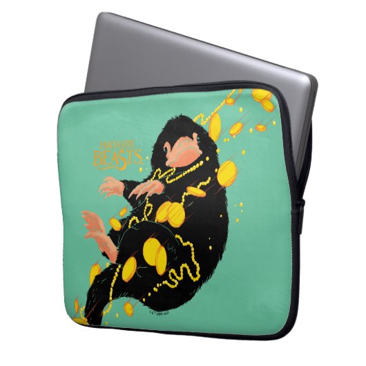 Niffler schwimmend mit Gold Laptopschutzhülle (Vorderseite Links)